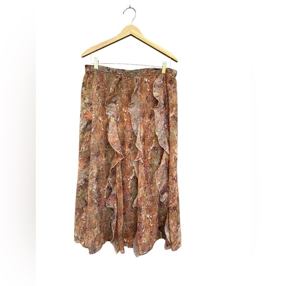 Y2K Brown Orange Abstract Midi Ruffle Skirt Large Boho Hippie Festival - Picture 1 of 6